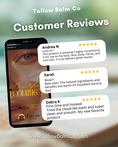 Customer reviews praising Cloud Moisturizer, a beef tallow face moisturizer, for its natural ingredients, smooth texture, and moisturizing benefits.